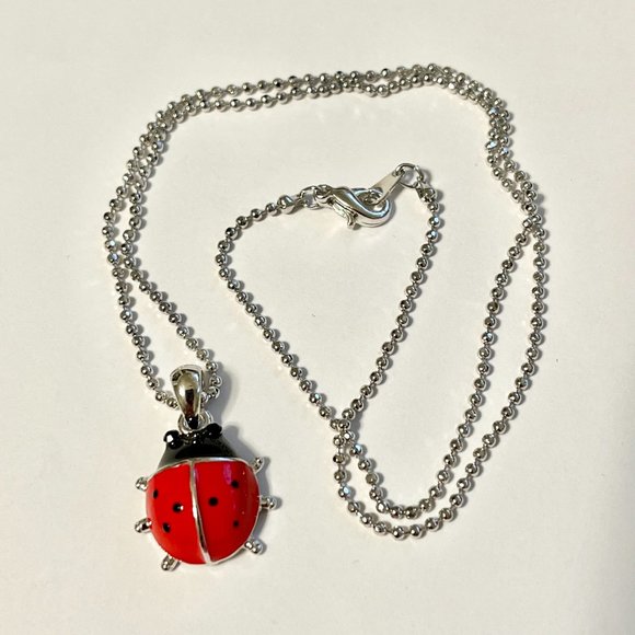 Silver Red Ladybug Pendant Necklace Crystal Plated 17" Chain Insect Enamel - Picture 5 of 11